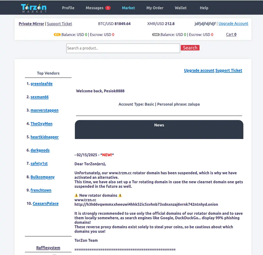 Torzon market dashboard interface captured April 2026