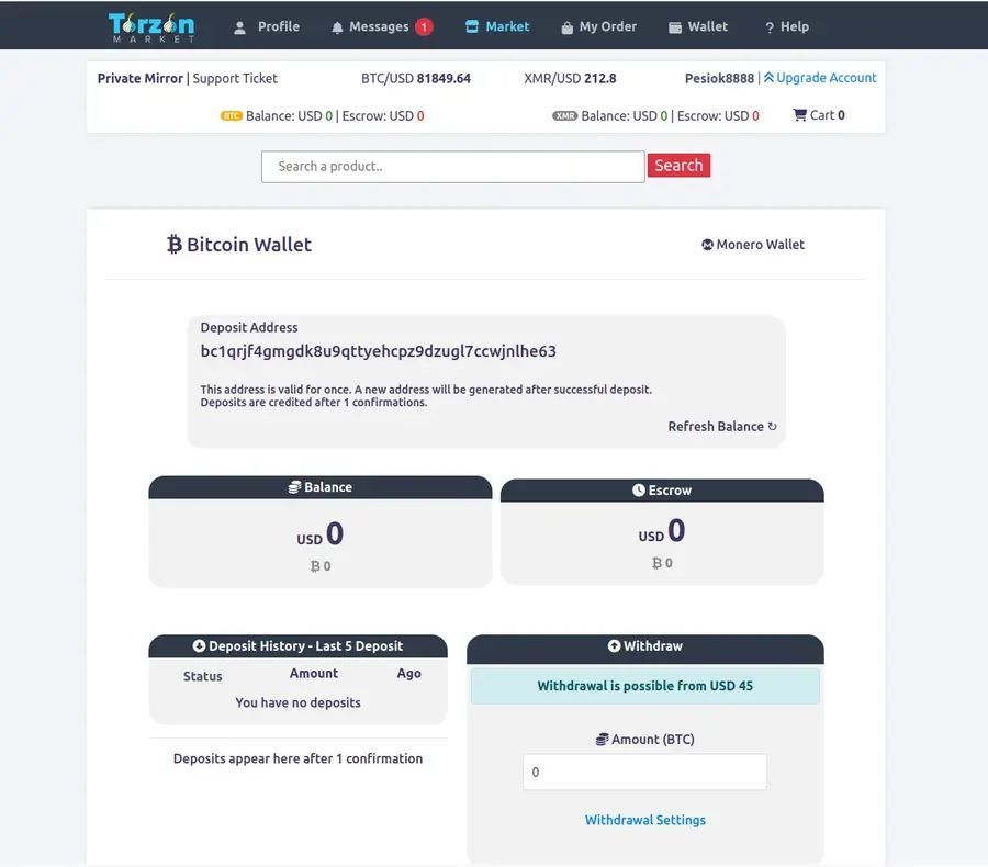 Torzon wallet management interface showing Monero and Bitcoin balances