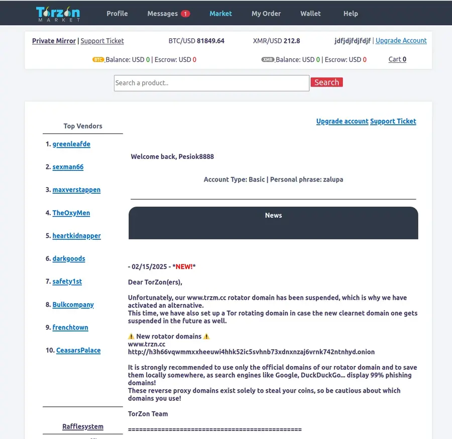 Torzon PGP key and two-factor authentication enrolment screen